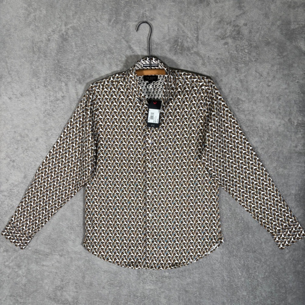 Ted Baker London Soren LS Archie Print Shirt Dull Gold Geometric Mens Small NEW